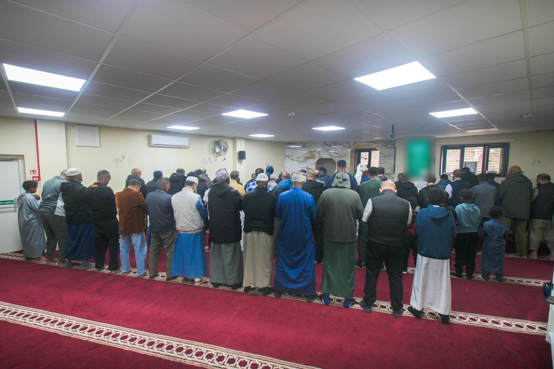The congregation standing in rows for Dhuhr, seen from behind